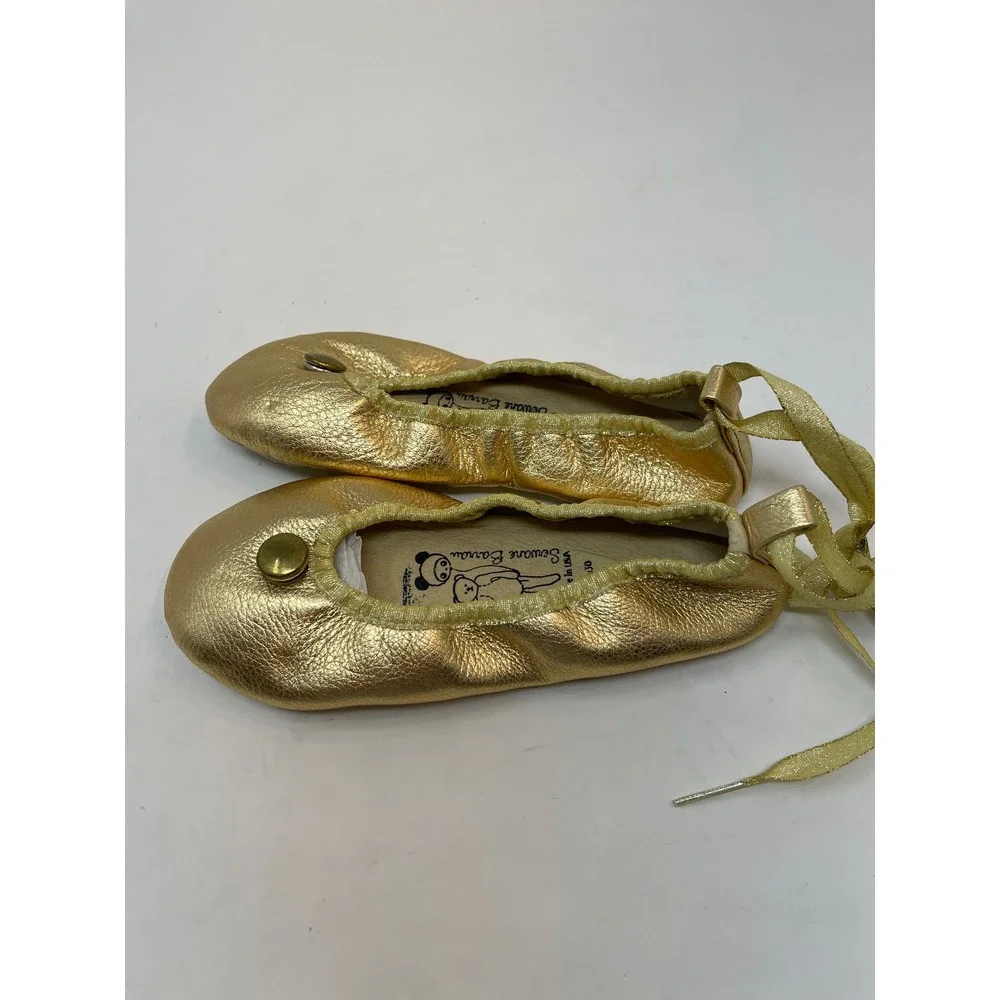 Bear Feet Ballet Flats Kids‎ Size 12 Gold Excellent Metallic Leather Ribbon Tie